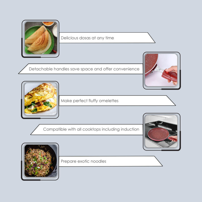 Ruby Plus Cookware Set, 4pc (Dosa Tawa, Fry Pan, Kadhai with Lid), Induction Friendly, Virgin Aluminum, PFOA/Heavy metal free, 2 Years Warranty, Dark Red - Image 8