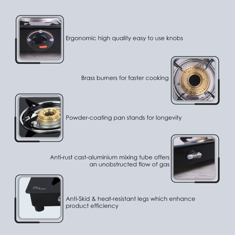 Ruby 4 Burner Glass Cooktop, Black Toughened Glass with 1 Year Warranty, Ergonomic Knobs, Heat-Efficient Brass Burners, Stainless-steel Spill Tray, Manual Ignition - Image 24