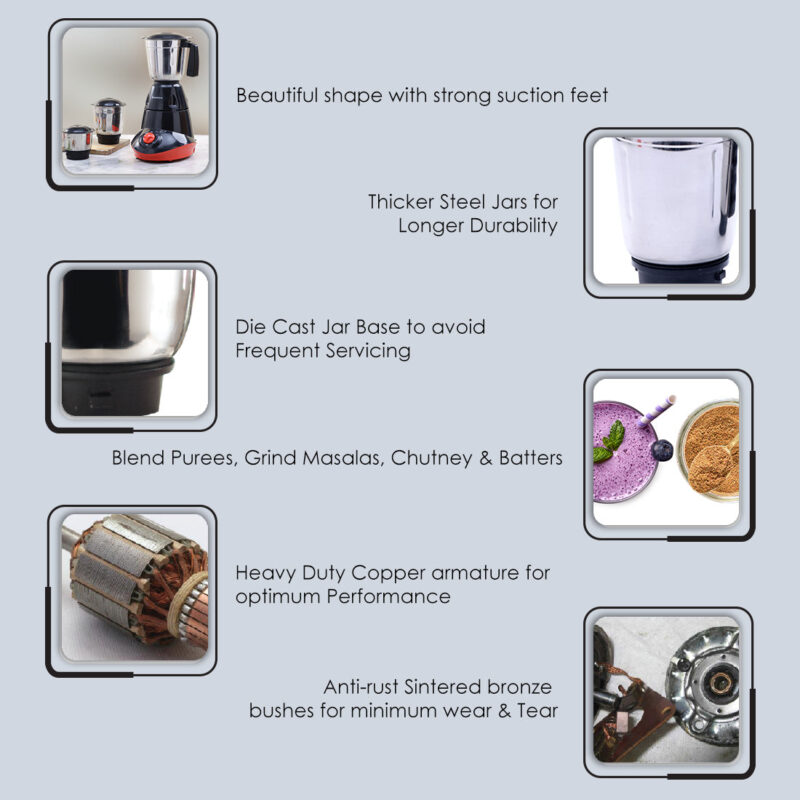 Capri Mixer Grinder 750W, 3 Stainless Steel Jars, Black & Red, 5 Years Warranty - Image 2