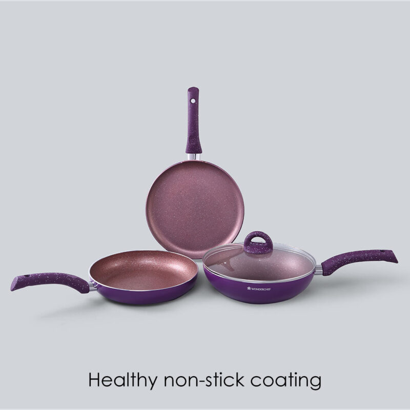 Granite Non-stick Cookware Set, 4Pc (Frying Pan With Lid, Wok, Dosa Tawa), Induction Bottom, Soft-Touch Handles, Pure Grade Aluminium, PFOA, 3.5mm, 2 Years Warranty, Purple - Image 2
