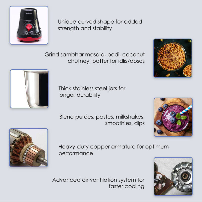 Ruby Mixer Grinder With 3 Jars and Anti-Rust Stainless Steel Blades, Ergonomic Handles, 550W, 5 Years Warranty, Red and Black - Image 10