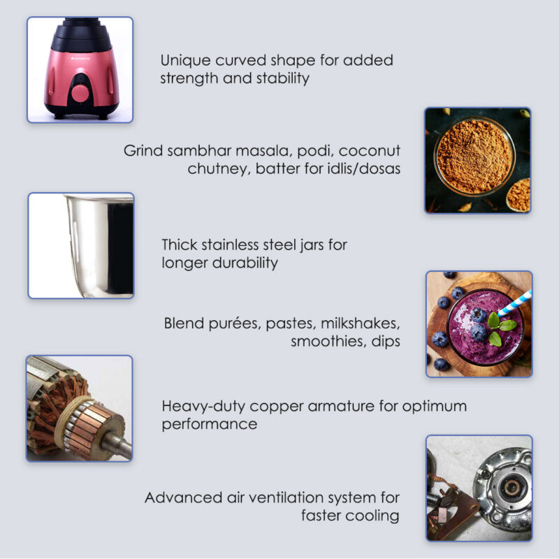 Wonderchef Renewed Vietri Mixer Grinder | 750W | 3 Stainless Steel Jars | Anti-Rust Stainless Steel Blades | Ergonomic Handles - Image 11