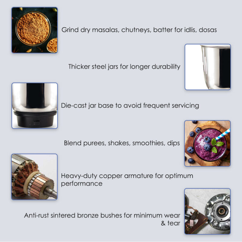 Wonderchef Renewed Capri Mixer Grinder 550W | 3 Stainless Steel Jars - Image 13