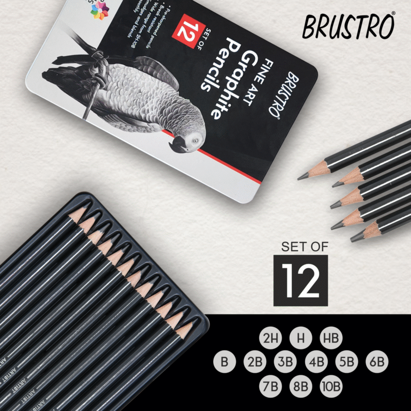 BRUSTRO Fine Art Graphite Pencil - Set of 12 (10B - 2H) with Mechanical Precision Retractable Eraser(2.3mm) | Ideal for Drawing,Sketching,Mandala,Shading,Artwork, Beginners, Artist's and Professionals - Image 5