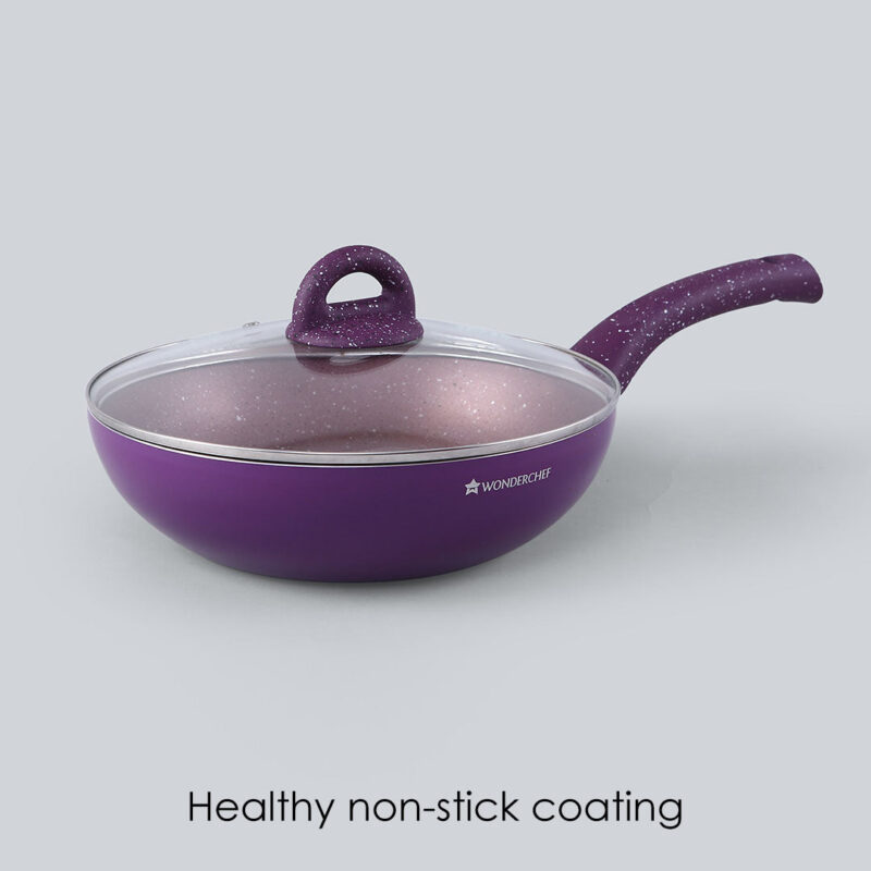 Granite Non-Stick Wok | Glass Lid | Induction Bottom | Soft-Touch Handles | Virgin Aluminium | PFOA and Heavy Metals Free | 3.5mm Thick| 24cm, 2.7 litres | 2 Year Warranty | Purple - Image 2