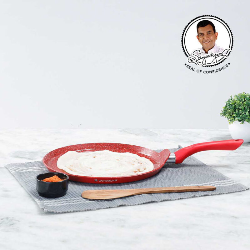 Royal Velvet 30 cm Non-Stick Dosa Tawa | Induction Bottom | Soft-Touch Handle | Virgin Grade Aluminium | PFOA/Heavy Metals Free | 3 mm | 2 Years Warranty | Red - Image 5