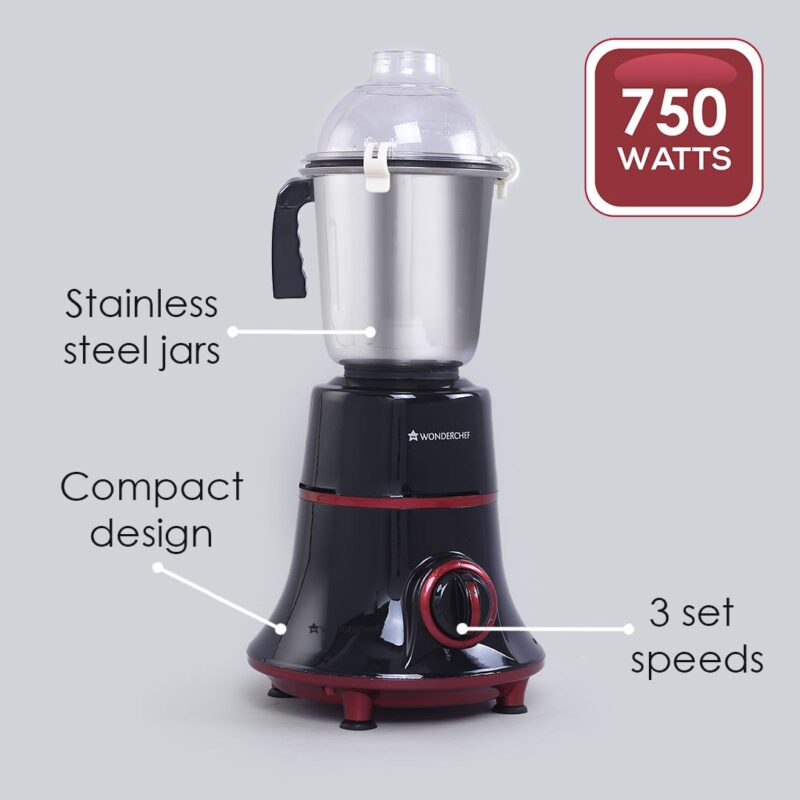 Glory Mixer Grinder, 750 W with 4 Stainless Steel Jars and Anti-rust Stainless Steel Blades, Ergonomic Handles, 5 Years Warranty on Motor