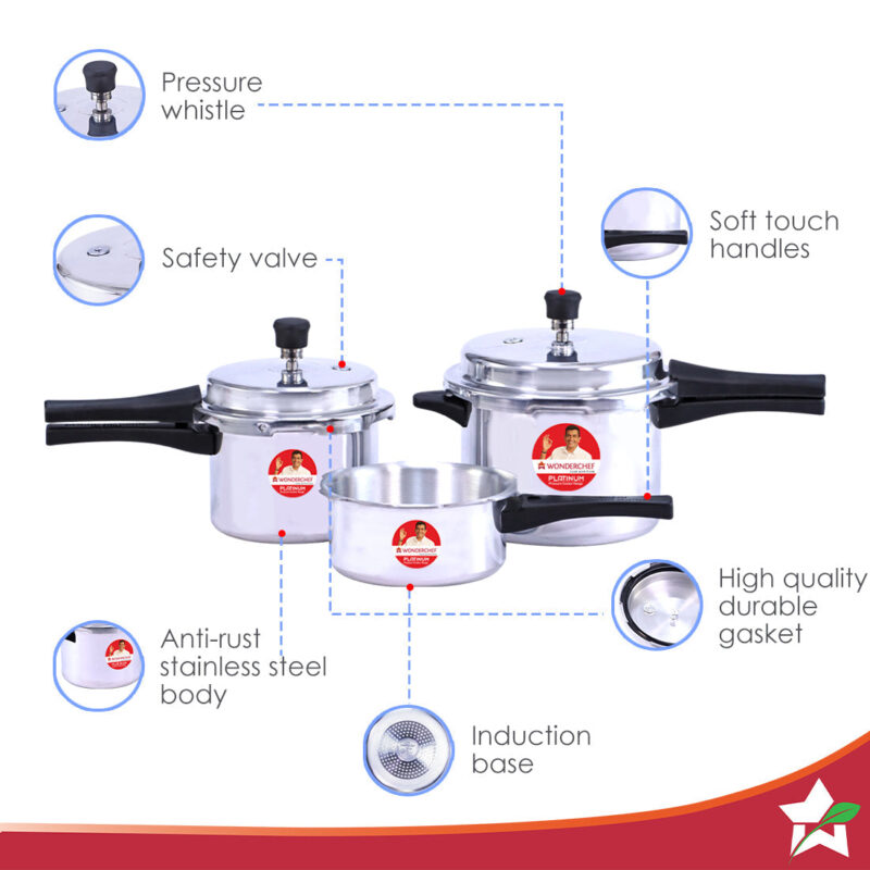 Platinum (2L, 3L & 5L) Pressure Cooker Combo Set, Single valve, Ergonomic cool touch handles, Durable body, - Image 2