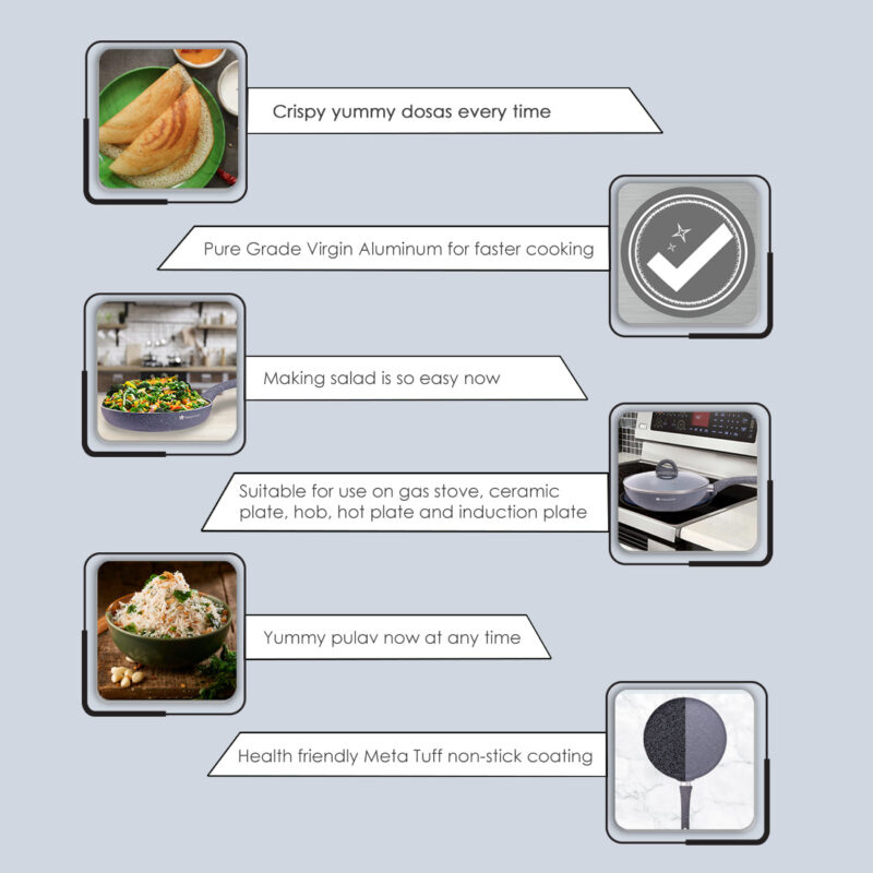 Granite Non-stick Cookware Set, 4Pc (Fry Pan with Lid, Wok, Dosa Tawa), Induction Bottom, Soft-touch Handles, Virgin Grade Aluminium, PFOA/Heavy metals free, 3.5mm, 2 years warranty, Grey - Image 11