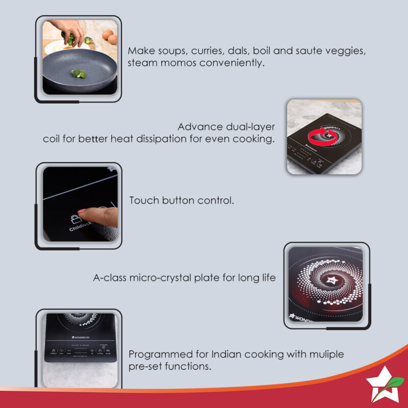 Wonderchef Renewed Easy Cook Hot Plate Infrared Cooktop with Feather Touch Control & Child Lock Feature | 2000 Watt Induction Cooktop | Crystal Glass Top Surface | LED Digital Panel | Smart Touch Buttons - Image 3