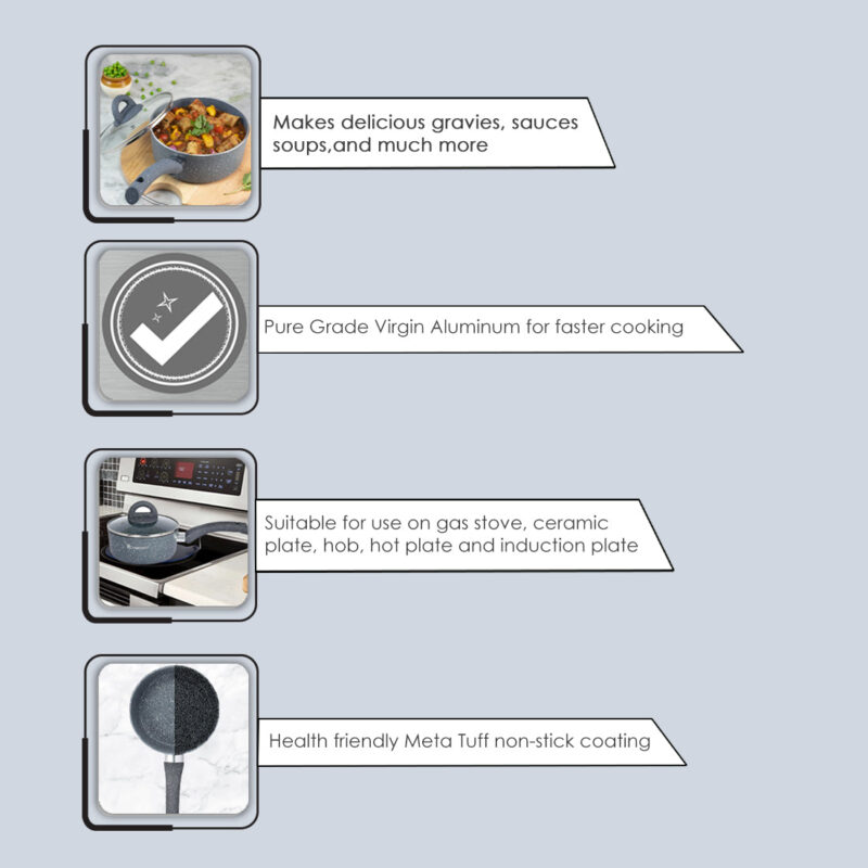 Granite 18 cm Non-Stick Sauce Pan | Induction Bottom | Soft-Touch Handles | Virgin Grade Aluminium | PFOA and Heavy Metals Free | 3.5mm | Non Stick Sauce Pan | 1.8 litres | 2 Years Warranty | Grey - Image 13