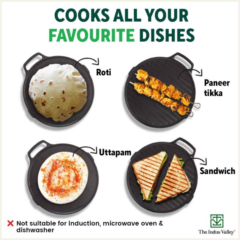 CASTrong Cast Iron 2-in-1 Griddle (Grill Pan + Tawa), Pre-seasoned, 100% Pure, Toxin-free, Induction, Round, 26cm, 2.1 Kg - Image 11