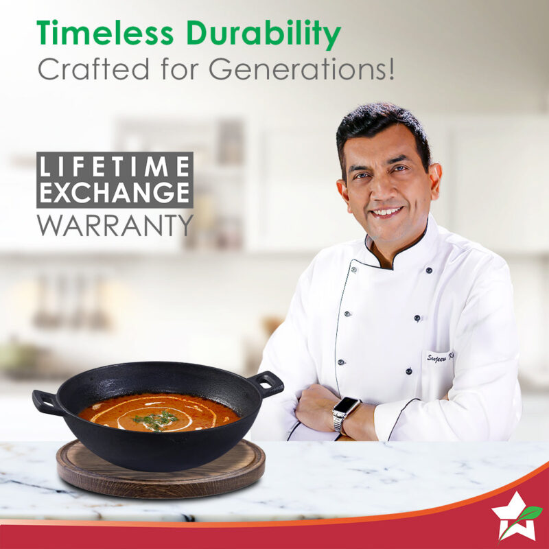 Forza 30cm Cast-iron Kadhai, Pre-Seasoned Cookware, Induction Friendly, 3.35L, 3.8mm - Image 2