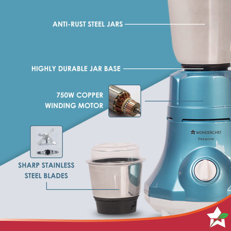 Wonderchef Renewed Premium Mixer Grinder | 750W | 3 Thick Steel Jars | Die-cast Jar Base | Blue - Image 2