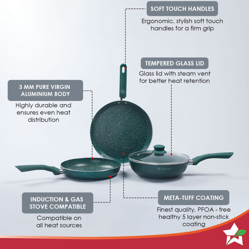 Royal Velvet Plus Non-stick Cookware Set, 4Pc (Wok with Lid, Fry Pan, Dosa Tawa), Induction Bottom, Soft Touch Handle, Pure Grade Aluminium, PFOA Free, 2 Years Warranty, Olive Green