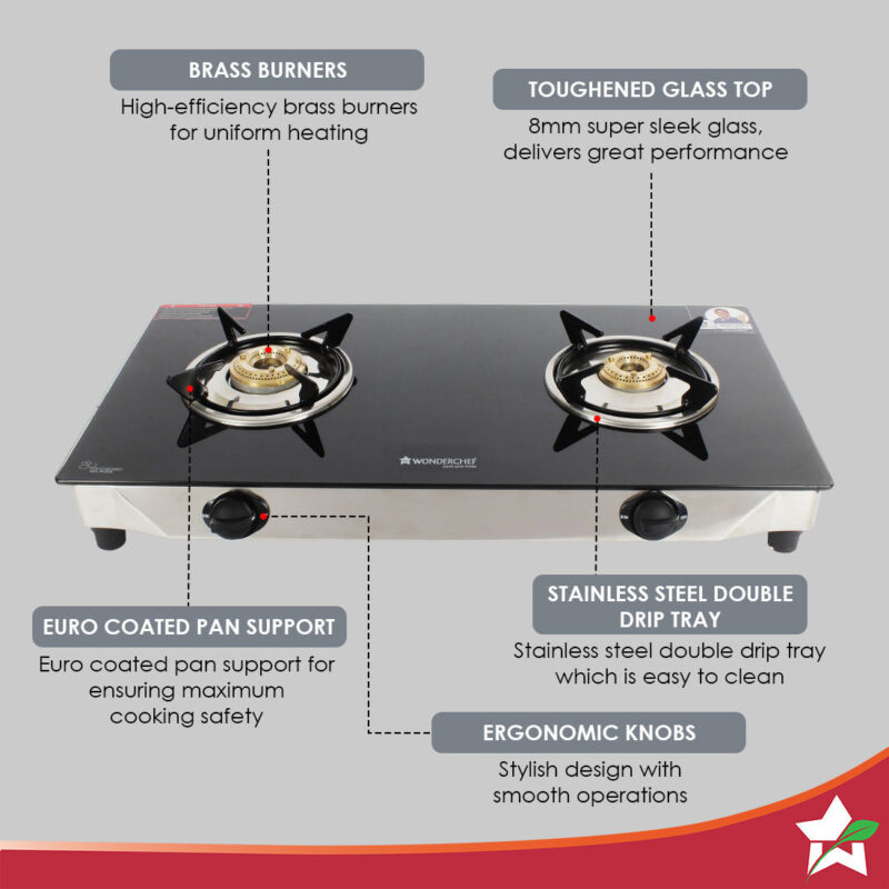 Energy 2 Burner Glass Cooktop, Black 8mm Toughened Glass with 1 Year Warranty, Soft Touch Knobs, Efficient Brass Burners, Stainless Steel Double Drip Tray