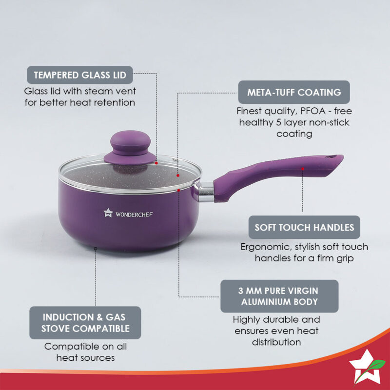 Royal Velvet 18cm Sauce pan with Glass Lid I Induction Ready | Soft-touch handles |Non – Toxic I Virgin Aluminium| 3 mm thick | 2 litres | 2 year warranty | Purple - Image 2