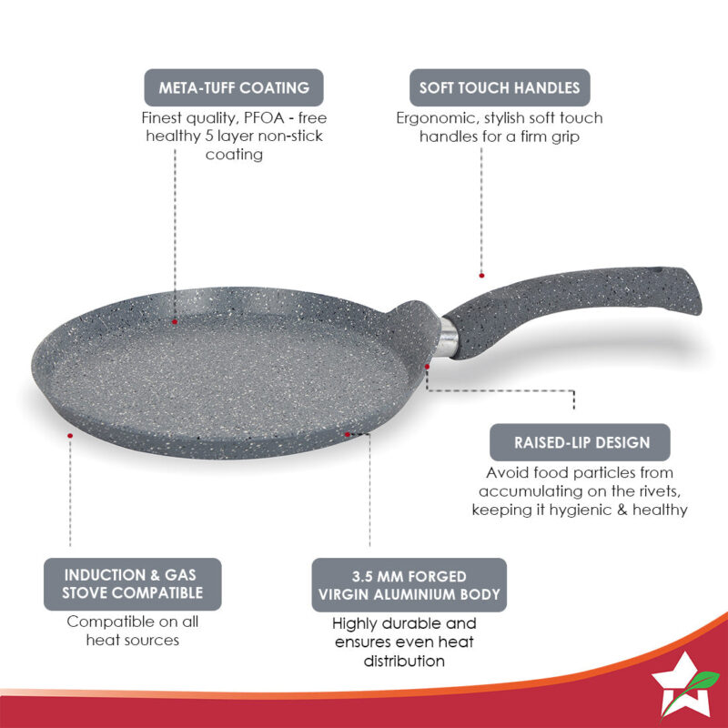 Wonderchef Renewed Granite 26cm Non-Stick Dosa Tawa | Induction Bottom | Soft-Touch Handles | Virgin Grade Aluminium | 3.5mm Thick | PFOA/Heavy Metals Free - Image 2