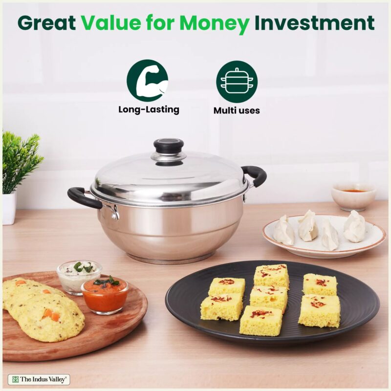 4 Pit Tri-Steel Premium Stainless Steel Idli/ Dhokla/ Momo Maker/ Multi Pot/ Veg Steaming Set, Tri-ply Induction Bottom, 5 Plates, 3L - Image 4