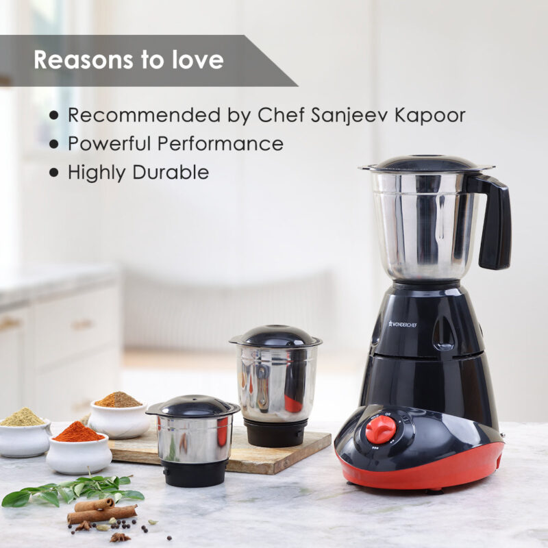 Capri Mixer Grinder 750W, 3 Stainless Steel Jars, Black & Red, 5 Years Warranty - Image 3