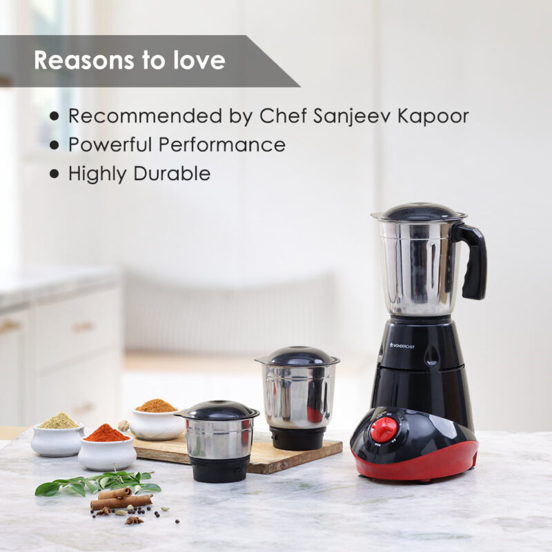 Capri Mixer Grinder 550W, Black & Red, 5 Years Warranty - Image 3