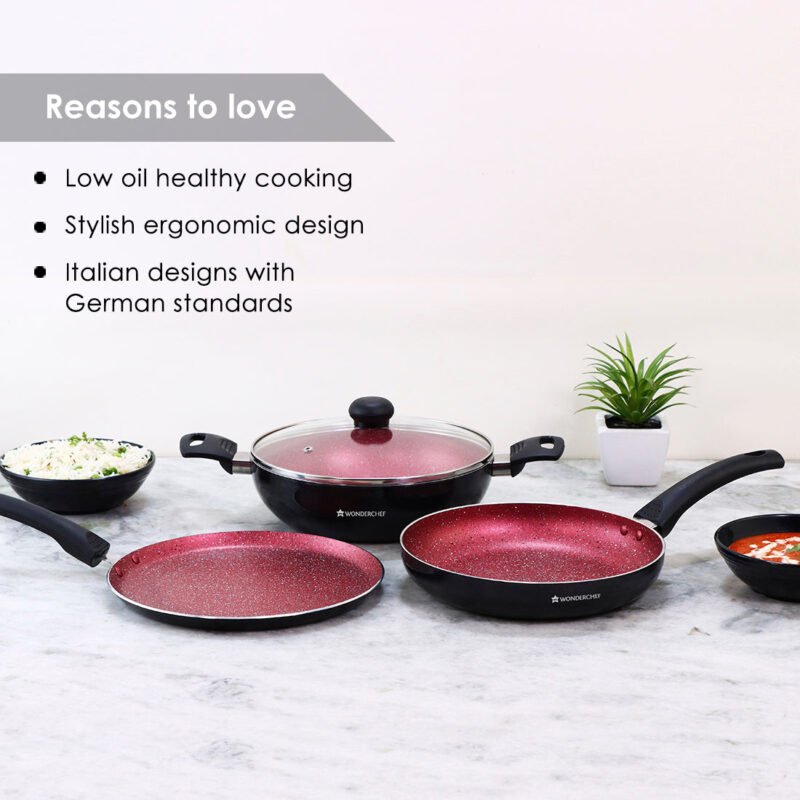 Sigma Non-stick Cookware Set, 4Pc (Kadhai with Lid, Dosa Tawa, Fry Pan), Induction Bottom, Cool Touch Bakelite Handles, Virgin Aluminium, PFOA Free, 2 Years Warranty, Red and Black - Image 10