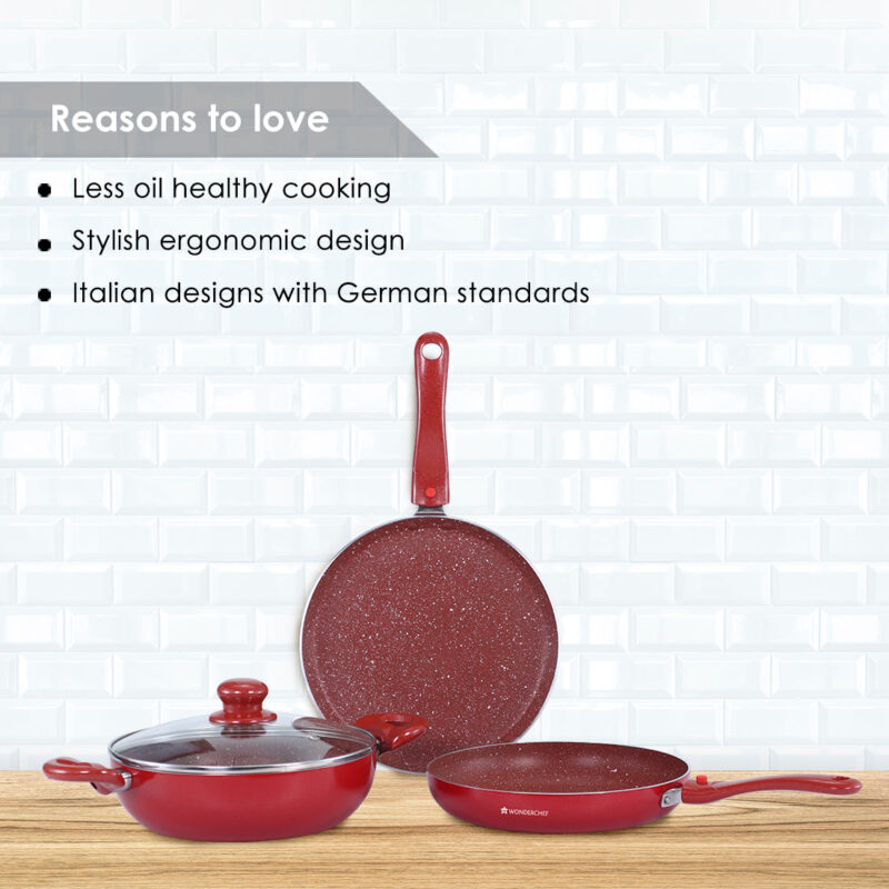 Ruby Plus Cookware Set, 4pc (Dosa Tawa, Fry Pan, Kadhai with Lid), Induction Friendly, Virgin Aluminum, PFOA/Heavy metal free, 2 Years Warranty, Dark Red - Image 9