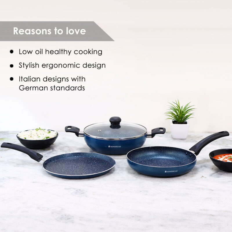 Sigma Non-stick Cookware Set, 4Pc (Kadhai with Lid, Dosa Tawa, Fry Pan), Induction Bottom, Cool Touch Bakelite Handles, Virgin Aluminium, PFOA Free, 2 Years Warranty, Midnight Blue - Image 10