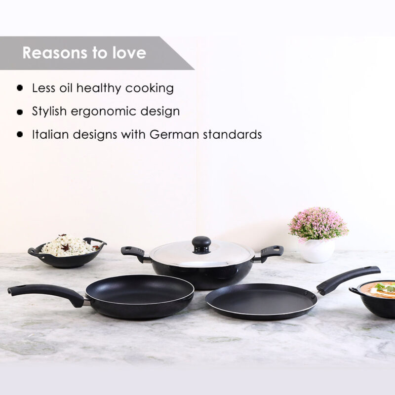 Wonderchef Renewed Platinum Plus Non-Stick Cookware Set of 4 | Kadhai with Glass Lid 24cm, Fry Pan 24cm & Dosa Tawa 25cm | Cool-Touch Bakelite Handle | Pure Grade Aluminium | PFOA Free | 1 Year Warranty | Black - Image 3