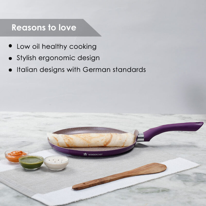 Royal Velvet 24 cm Non-Stick Dosa Tawa | Induction Bottom | Soft-Touch Handle | Virgin Grade Aluminium | PFOA and Heavy Metals Free | 3 mm | Non-Stick Tawa | 2 Years Warranty | Purple - Image 8