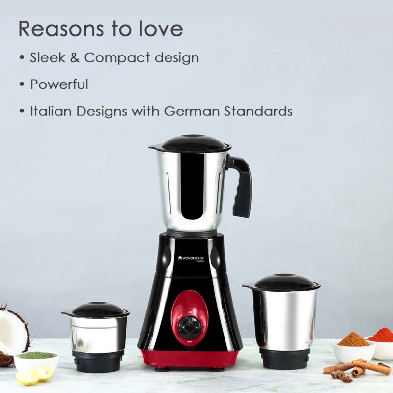 Vietri Mixer Grinder, 550W with 3 Anti-rust Stainless Steel Jars and Blades, 3-speed Knob, Anti-skid Feet, 5 Years Warranty on Copper Armature Motor, Black & Red - Image 11