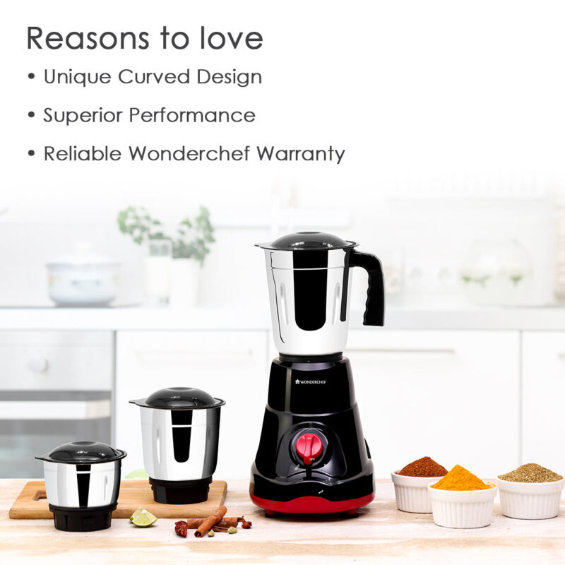 Ruby Mixer Grinder With 3 Jars and Anti-Rust Stainless Steel Blades, Ergonomic Handles, 550W, 5 Years Warranty, Red and Black - Image 12