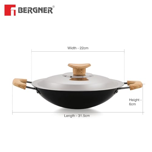 Bergner Bellini Plus Aura 5-Layer Non-Stick 20 cm Appachetty with Stainless Steel Lid, Wooden Finish Soft Touch Handle, Even Heat Distribution, PFOA Free, Gas Stove Compatible - Black - Image 2