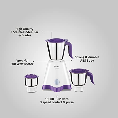 Preethi Crown Pro MG-254 Mixer grinder, 600 watt, White/Purple, 3 Jars with 5yr Motor Warranty & Lifelong Free Service - Image 5