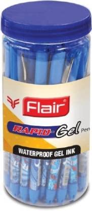 FLAIR Super Smooth Rapid Gel Pen | Tip Size 0.5 mm | Elegant Metal Clip with Soft Rubber Grip | Waterproof Ink for Smudge Free Writing | Ideal for School, Collage & Office | Blue Ink, Jar Pack of 25