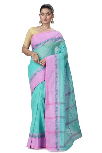 OISHANI SAREE GHOR Women's Traditional Bengal Tant Handloom Pure Cotton Saree (Sky Pink)