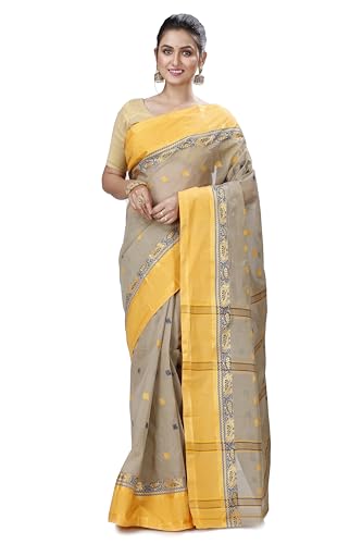 OISHANI SAREE GHOR Women's Traditional Bengal Tant Handloom Pure Cotton Saree (Beige Yellow)