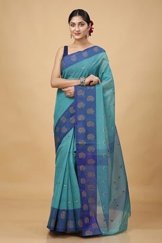 OISHANI SAREE GHOR Women's Traditional Bengal Cotton Handloom Saree. (Turquoise Blue) - Image 2