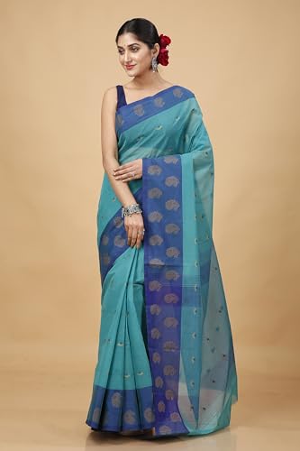 OISHANI SAREE GHOR Women's Traditional Bengal Cotton Handloom Saree. (Turquoise Blue) - Image 3