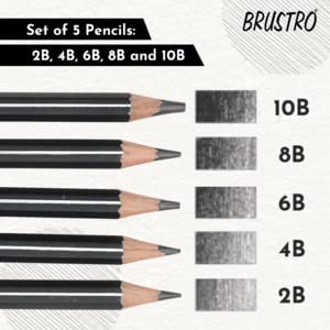 BRUSTRO Graphite Pencil set of 5 (2B, 4B, 6B, 8B, 10B) with Artists Sketch Book Wiro Bound A5 Size (14.8 CM x 21 CM), 116 Pages,160 GSM (Acid Free) and ECO PVC dust Free Erasers (2 Pcs) - Image 3
