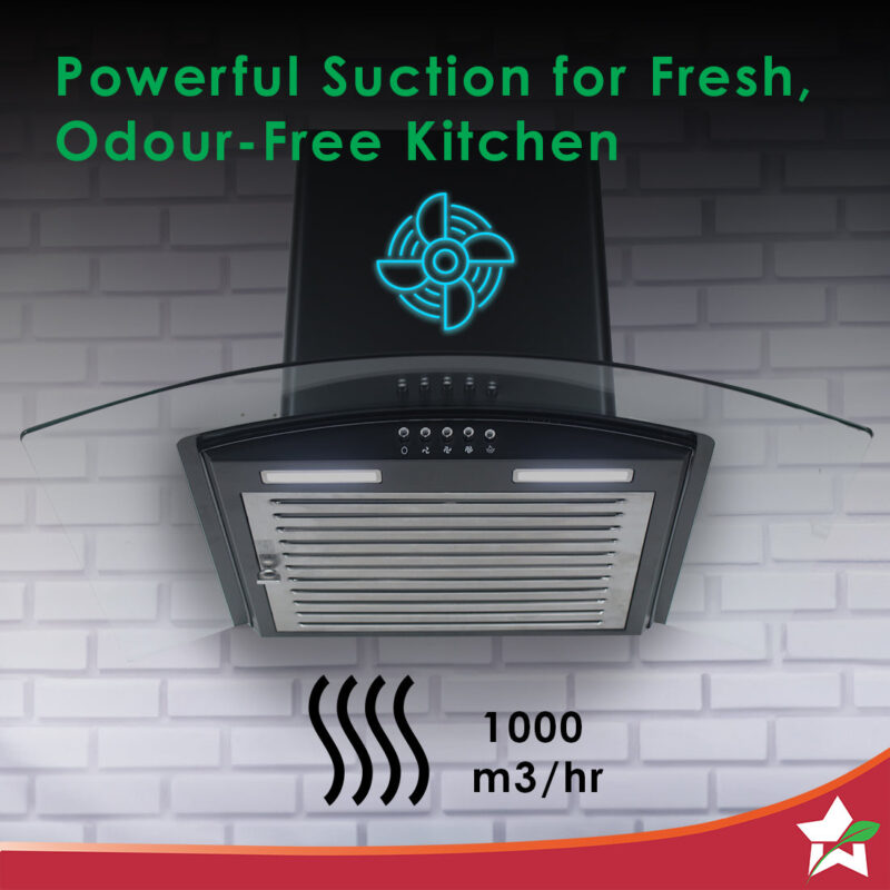 Power Curve Wall-Mount Chimney| 1000M3/H | Suction Capacity| 3 Speed Push Control| Low Noise| 60cms |Baffle Filter| Black - Image 2
