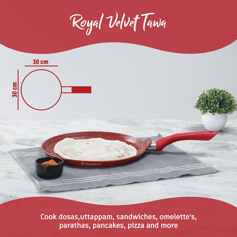 Royal Velvet 30 cm Non-Stick Dosa Tawa | Induction Bottom | Soft-Touch Handle | Virgin Grade Aluminium | PFOA/Heavy Metals Free | 3 mm | 2 Years Warranty | Red - Image 2