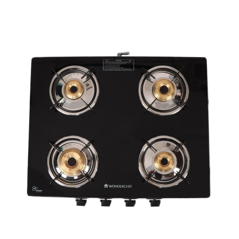 Glory 4 Burner Glass Cooktop, Black 8mm Toughened Glass with 2 Years Warranty, Ergonomic Knobs, Stainless Steel Drip Tray, Manual Ignition Gas Stove - Image 2