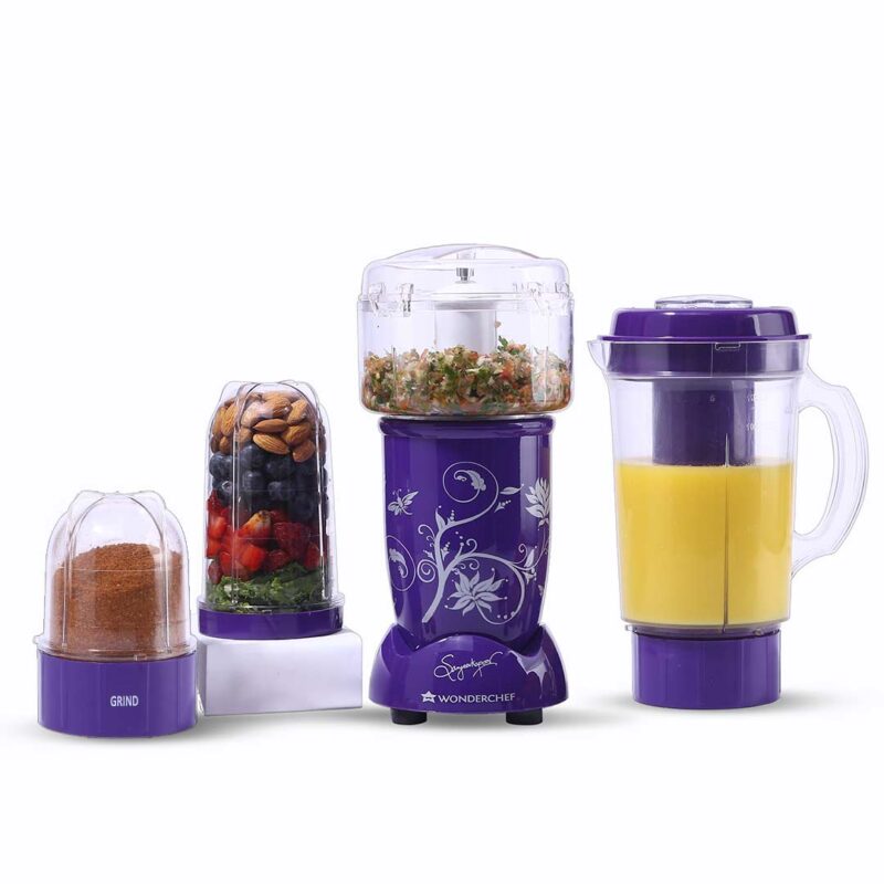 Nutri-blend Complete Kitchen Machine, 400W, 22000 RPM 100% Full Copper Motor, Mixer-Grinder, Blender, Chopper, Juicer, SS Blades, 4 Unbreakable Jars, 2 Years Warranty, Purple, Recipe Book By Chef Sanjeev Kapoor - Image 6