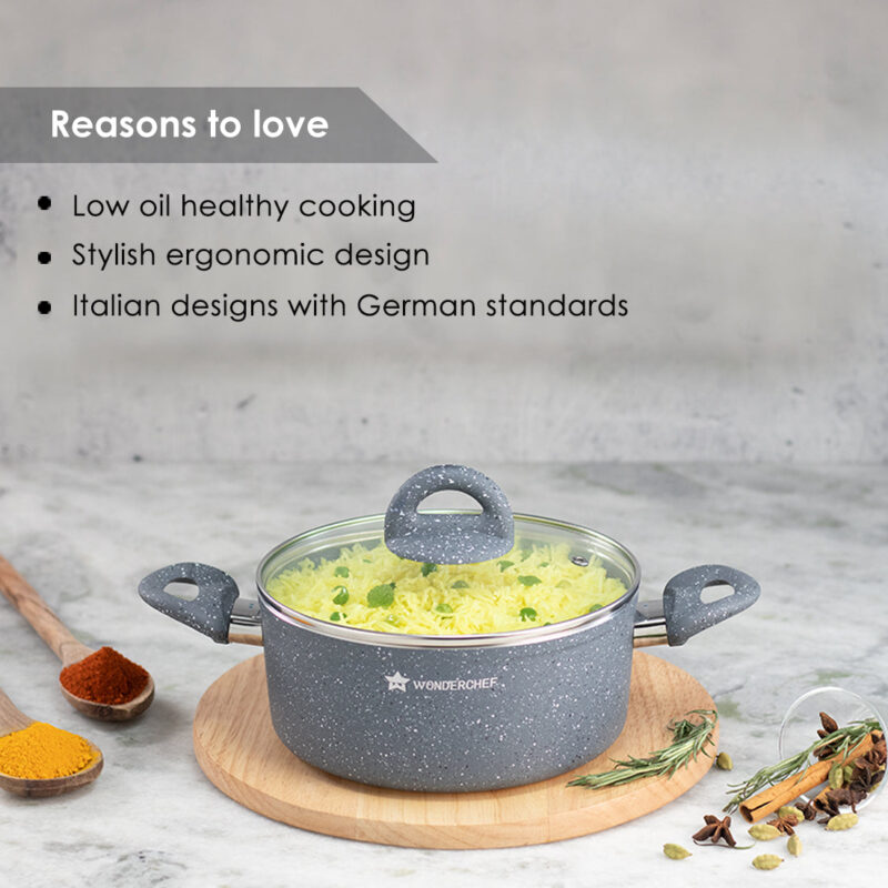 Granite 24 cm Non-Stick Casserole | Glass Lid |Induction Bottom | Soft-Touch Handles | Virgin Aluminium | PFOA and Heavy Metals Free | 3.5mm | 4 liters | 2 Year Warranty | Grey - Image 11
