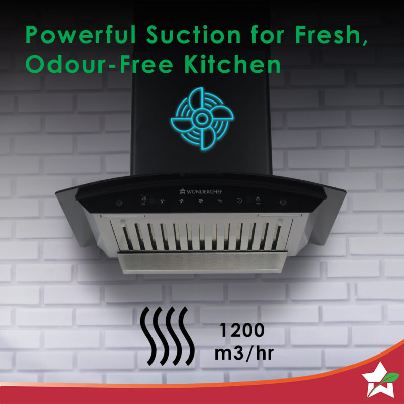 Power Curve Wall-Mount Chimney| Auto Clean Function| 1200M3/H | Suction Capacity| 3 Speed Suction| Gesture and Touch Control| Oil Collector| Low Noise| LED Lamp| 60cm| Black - Image 2