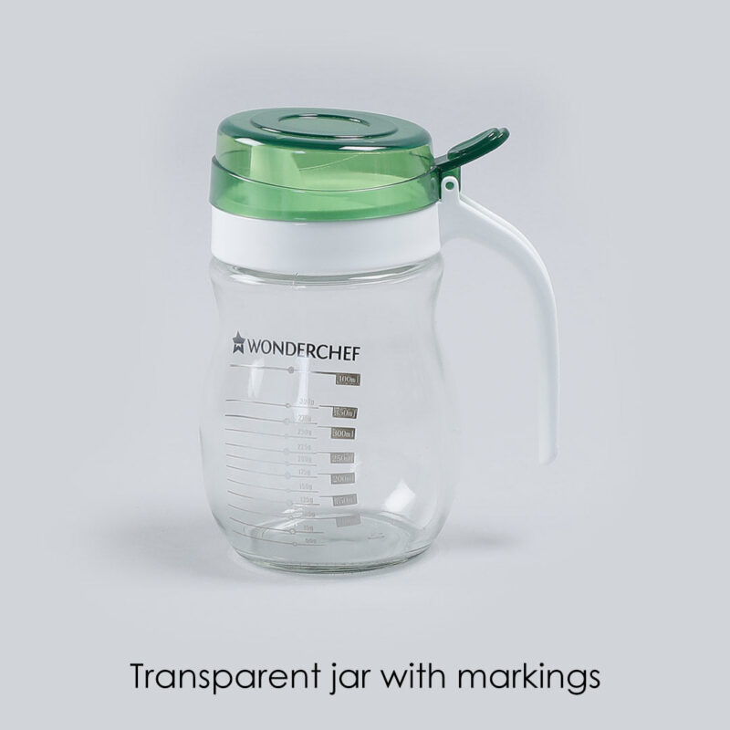 Oil Pourer Glass Bottle for Kitchen, Transparent Oil Pourer and Holder with Green Lid, Accurate Pouring without Wastage, 550ml - Image 2