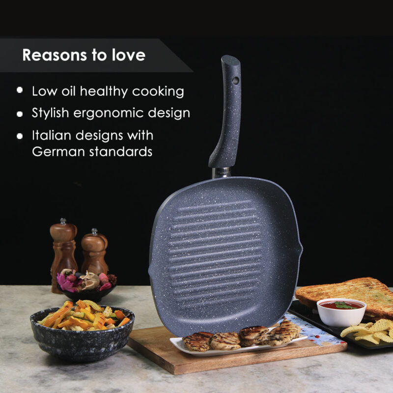 Granite 20 cm Non-Stick Grill Pan | Soft-Touch Handles | Virgin Grade Aluminium | PFOA & Heavy Metals Free | 3.5 mm thickness | Grill Pan Non-Stick | 1.35 liters | 2 Years Warranty | Grey - Image 11