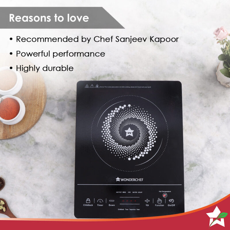 Wonderchef Renewed Easy Cook Hot Plate Infrared Cooktop with Feather Touch Control & Child Lock Feature | 2000 Watt Induction Cooktop | Crystal Glass Top Surface | LED Digital Panel | Smart Touch Buttons - Image 4