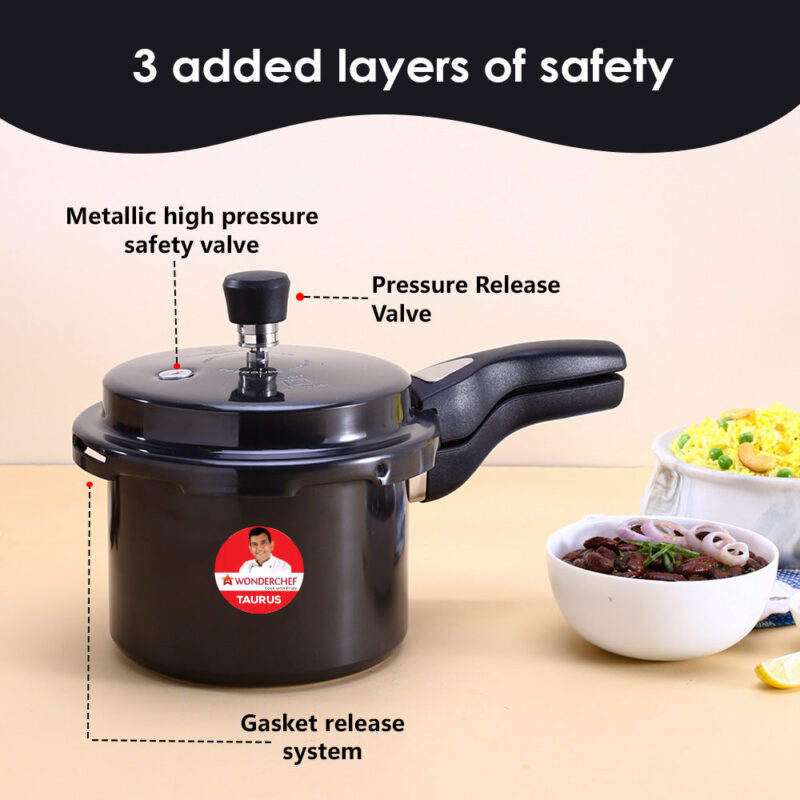Taurus Hard Anodized 3L Outer Lid Pressure Cooker, SS Lid, Soft Touch Handles for Durability,  Induction Friendly, Black, 5 year warranty, ISI Certified - Image 3